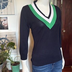 NWT chaps size small sheer V-Neck Black Sweater with Green and White Accents